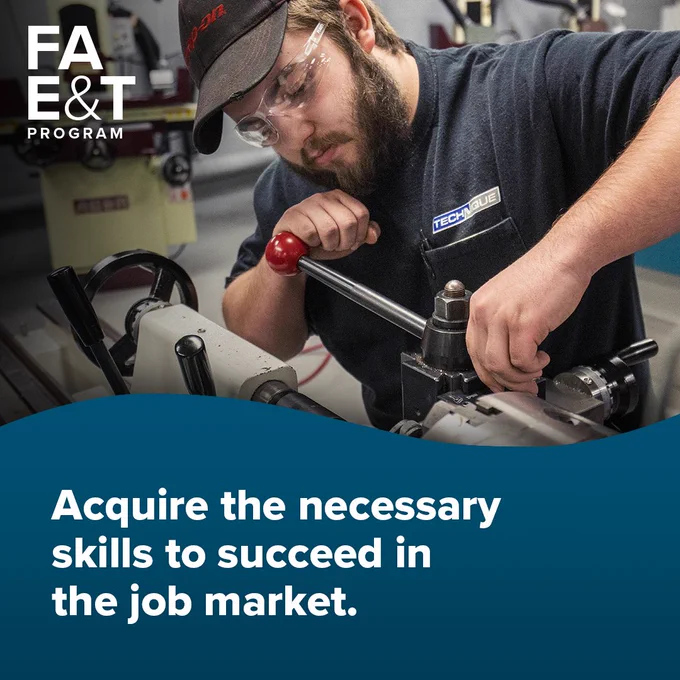 Man working on a tool in a mechanic shop. Text in banner says, "Acquire the necessary skills to succeed in the job market."