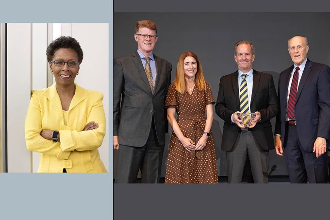 Professional headshot of an individual in a yellow blazer standing with arms crossed against a light background. And four people posing on a stage, one holding a glass award, against a dark backdrop.

