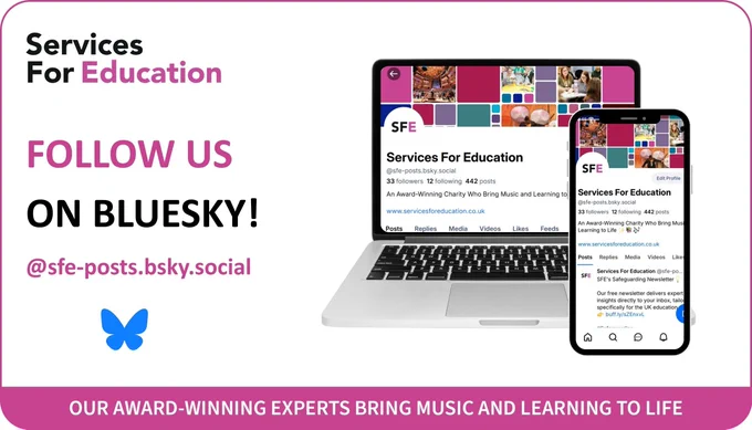A promotional graphic with a pink border encouraging users to connect on social media. On the left, text reads "Services For Education", "Follow us on Bluesky!", and the handle "@sfe-posts.bsky.social" above a small blue butterfly icon. On the right, a laptop and a smartphone display Services For Education's BlueSky profile page, showcasing their logo, banner, and bio. A pink banner at the bottom contains the text: "OUR AWARD-WINNING EXPERTS BRING MUSIC AND LEARNING TO LIFE."