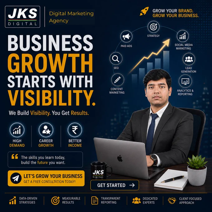 🚀 Your customers can’t choose your business… if they can’t find it.



Real business growth starts with one thing — Visibility.

The more visible your brand becomes, the more opportunities you create.

At JKS Digital, we don’t believe in random marketing.



We build strategies designed to help businesses grow with purpose, performance, and measurable outcomes.



Our focus:



🎯 Smart Strategy

📈 Social Media Growth

🔍 SEO & Search Visibility

📢 Paid Advertising

✍️ Content Marketing

👥 Lead Generation

📊 Analytics & Reporting



Because growth is not just about getting attention.

It’s about turning attention into trust… and trust into results.



What you can expect:



✅ Data-Driven Decisions

✅ Transparent Reporting

✅ Dedicated Experts

✅ Measurable Business Growth

✅ Long-Term Brand Visibility



If your business is ready to move beyond average results and build a stronger online presence — now is the time.



📞 Get your FREE consultation today


🌐 Website: jksdigital.
