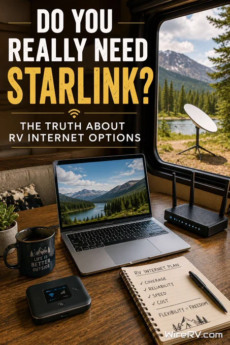RV workspace with laptop, hotspot, router, and satellite dish outside.
