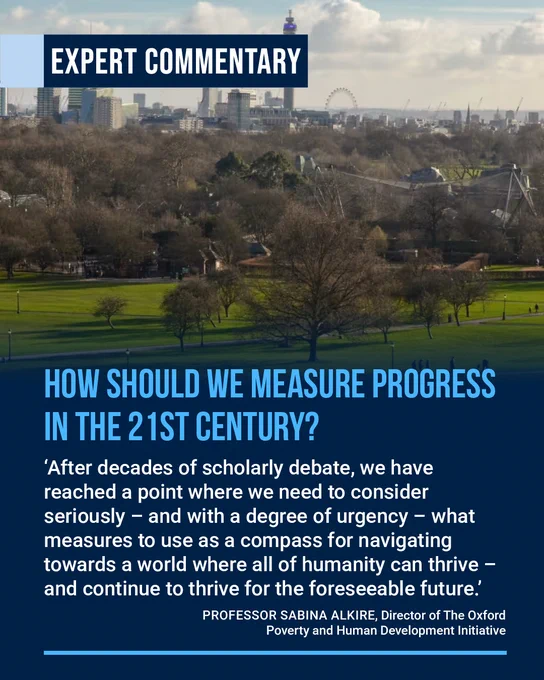 A graphic titled "Expert Commentary" featuring a panoramic view of London with a large park in the foreground and the London Eye visible in the distance. Overlaid text asks, "How should we measure progress in the 21st century?" and includes a quote from Professor Sabina Alkire, Director of the Oxford Poverty and Human Development Initiative (OPHI), arguing that there is an urgent need to rethink the measures used to guide humanity towards long-term thriving and sustainable progress. The design uses Oxford blue branding with light blue and white text.