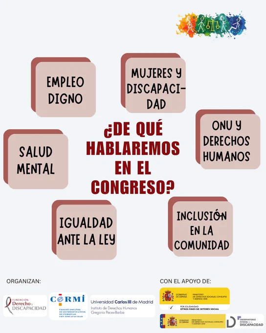 Infografía sobre las temáticas del VI Congreso Nacional y III Internacional de Derecho de la Discapacidad. En el centro aparece la pregunta “¿De qué hablaremos en el Congreso?” rodeada de bloques con los diferentes temas. Arriba a la derecha aparece el logo d ela Fundación Derecho y Discapacidad. Abajo se encuentran los logotipos de las entidades organizadoras y colaboradores.
