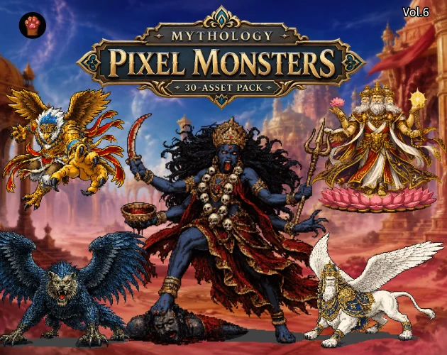 Thumbnail for CP34, a 30-asset mythology pixel monster pack by Pixel Material Studio, featuring gods, demons, divine beasts, and winged mythical creatures inspired by Indian and Middle Eastern mythology for fantasy RPG and JRPG game development.