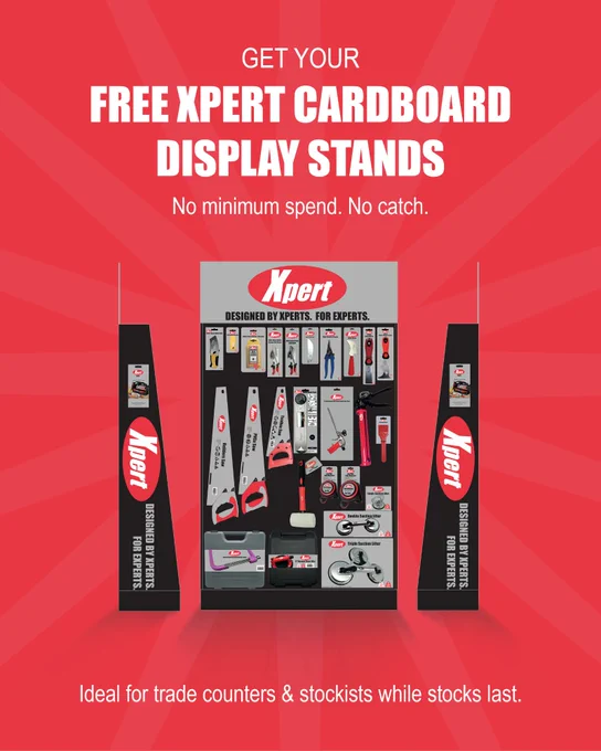 Xpert advertisement showcasing free cardboard display stand to stockists and resellers - no minimum spend required.  