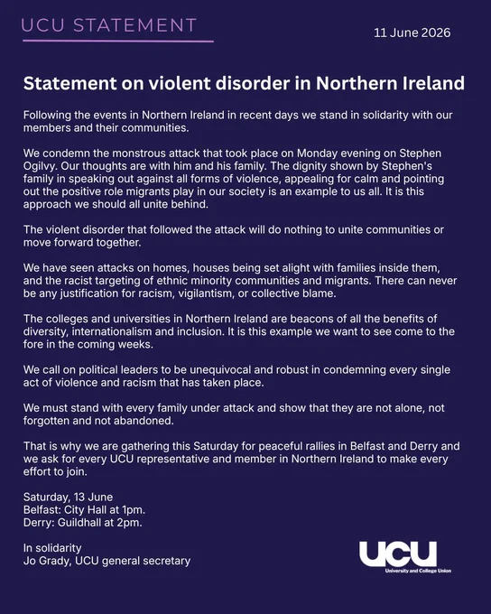 Our full statement: https://www.ucu.org.uk/article/14543/Statement-on-violent-disorder-in-Northern-Ireland