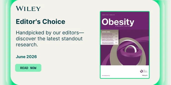 Cover of the June 2026 issue of Obesity journal featuring a purple abstract design and editor's choice highlight from Wiley.