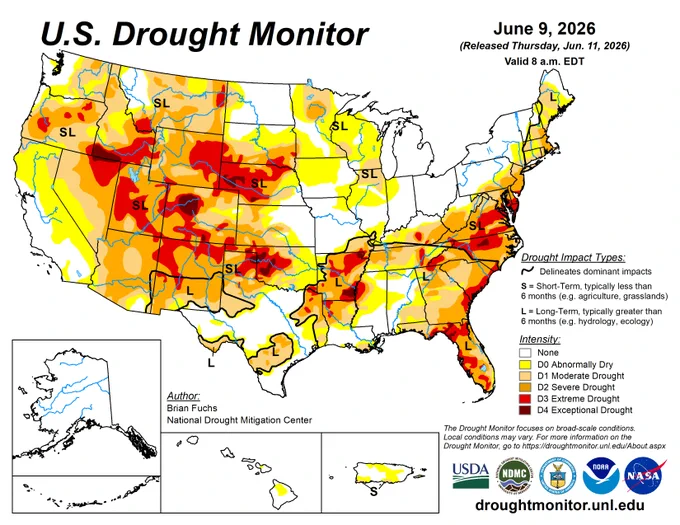 US Drought Monitor showing conditions for June 11, 2026. For more information and drought statistics, visit droughtmonitor.unl.edu. 