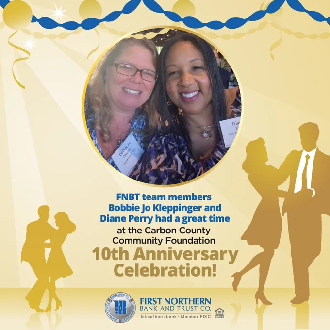 Two professional businesswomen, metallic couples dance under party streamers, balloons, and lights.
