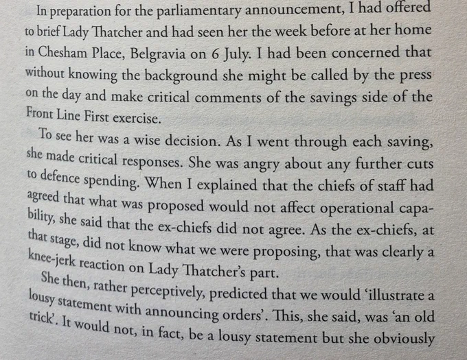 Extract from Malcolm Rifkind's memoirs about briefing Margaret Thatcher on a defence review.