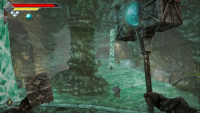 Screenshot of an underground cave system filled with water and aquatic creatures. The player character’s hand are visible and holding a cube device and a large hammer. 