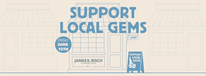 A blue and white graphic image of storefronts with signage reading 'SUPPORT LOCAL GEMS' and the date, Friday, June 12th.