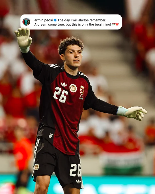 Social media post from Armin Pecsi reading: "The day I will always remember. A dream come true, but this is only the beginning!" after he made his debut for the Hungary National Team.