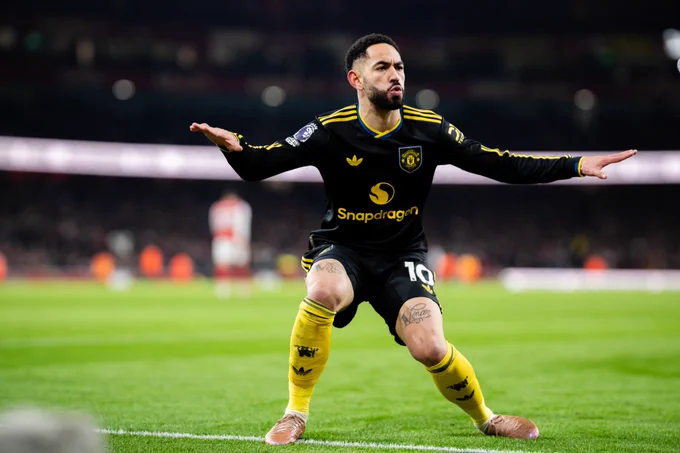 Matheus Cunha celebrates his goal at Arsenal earlier this season.