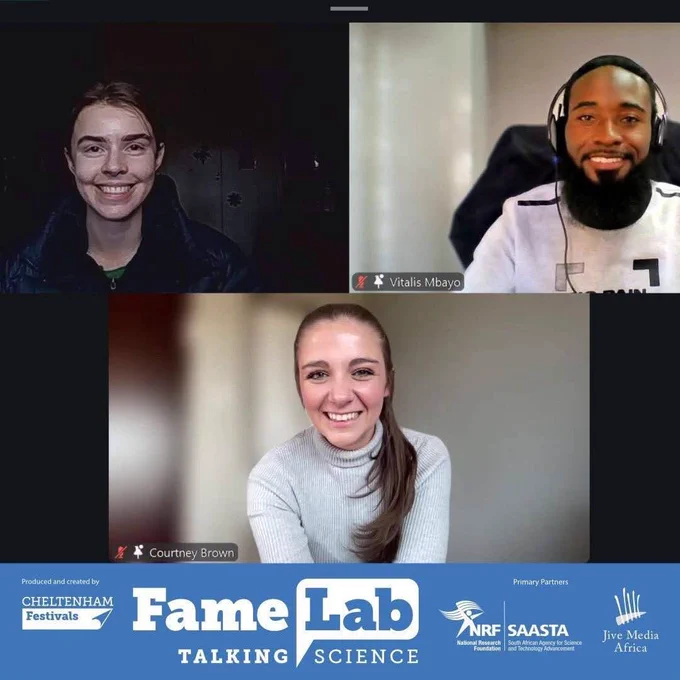 Pictured above are the top three participants in the 2026 NITheCS FameLab SA Heat: winner Kaela Kokkas (top left), first runner-up Vitalis Mbayo (top right), and third runner-up Courtney Brown (bottom).