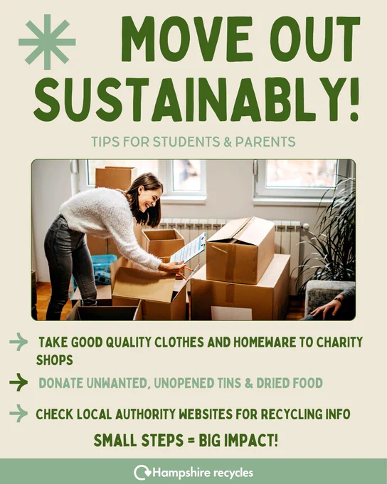 beige background with a photo of cardboard moving boxes in the centre. Green text details how to move out stainability. White Hampshire Recycles logo on a green background in the bottom centre.