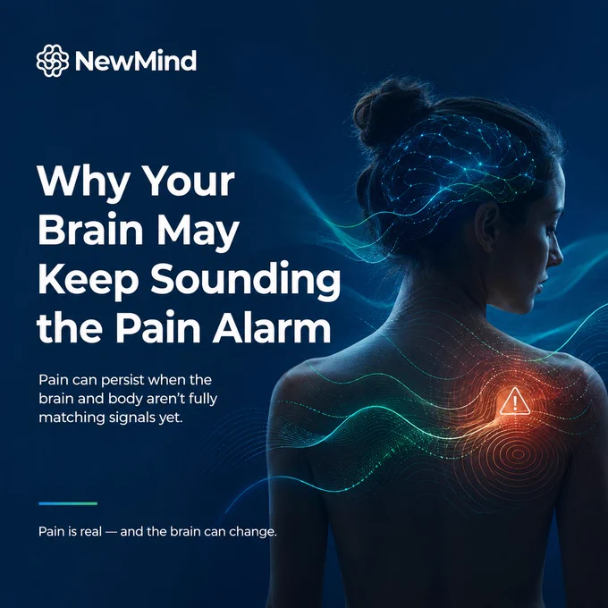 Infographic explaining why the brain may keep sounding the pain alarm — illustrating sensory mismatch between the brain's expectations and the body's signals