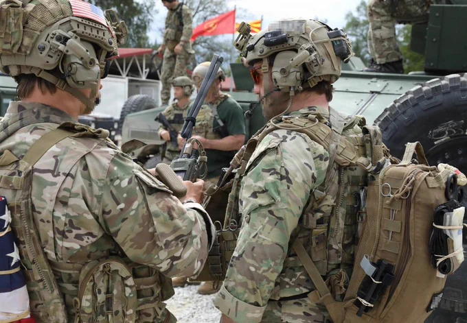 Green Berets with U.S. Army 20th Special Forces Group (Airborne) test communication systems prior to a raid on a simulated enemy cache location during Trojan Footprint 26 near Negotino, North Macedonia, May 17, 2026. The European theater is a living laboratory where U.S. Special Operations Forces can battle test new equipment, new tactics, and new approaches alongside some of the world's SOF formations. (U.S. Army National Guard photo by Capt. Christopher Booker)
