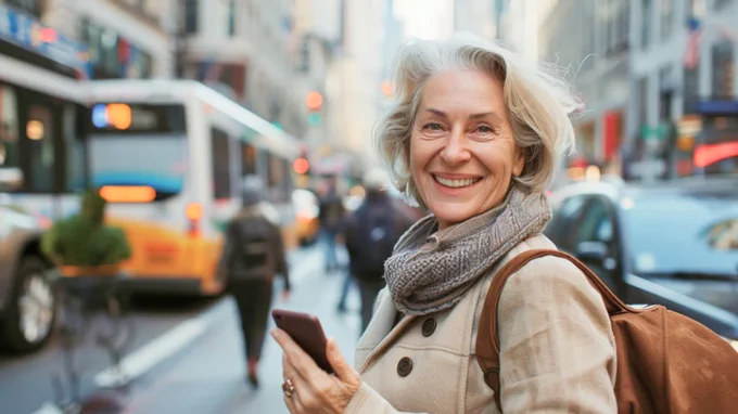 woman holding her phone and smiling while walking across a city street