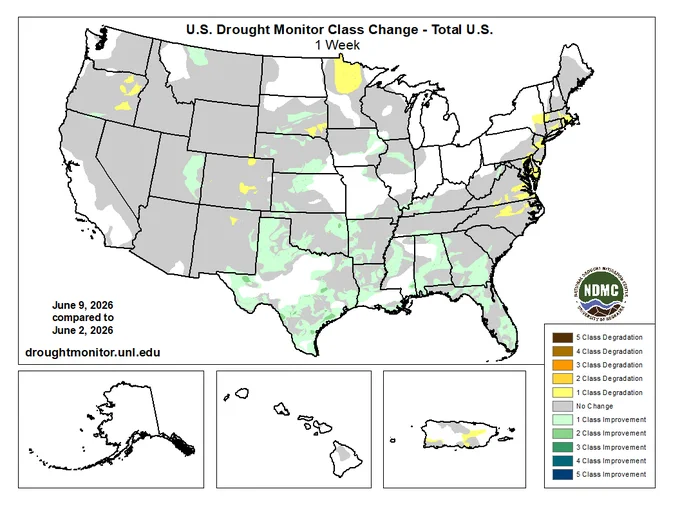 US Drought Monitor class change map comparing conditions from June 2 to June 9. For more information and statistics, visit https://go.unl.edu/change-maps 