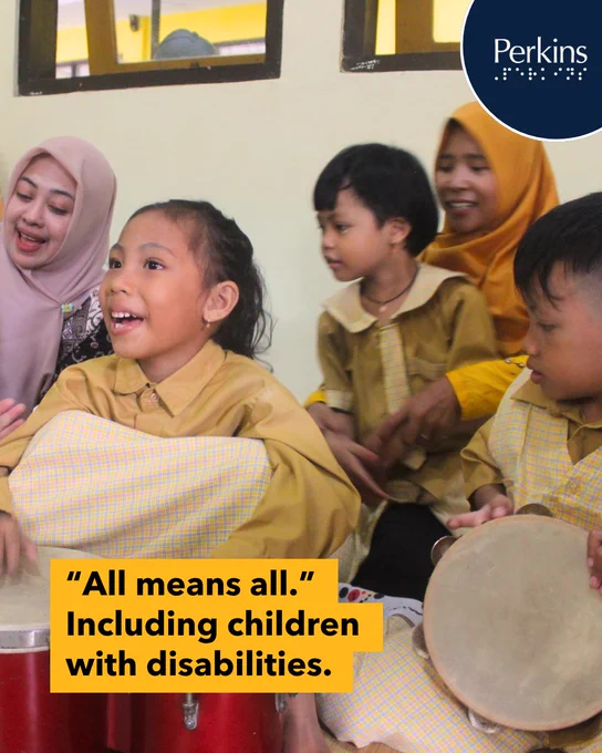 Children in a classroom get ready to use drums in music class. Text:  “All means all.” Including children with disabilities.