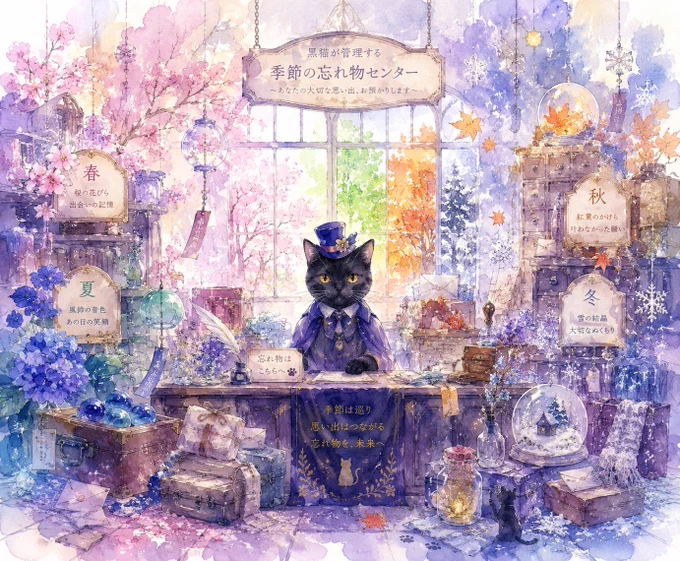 black cat caretaker of a seasonal lost-and-found center,
forgotten memories of spring, summer, autumn and winter,
magical storybook atmosphere,
soft watercolor illustration,
transparent watercolor,
wet-on-wet technique,
delicate pencil sketch,
pastel colors,
watercolor paper texture,
airy white space,
dreamy and nostalgic mood