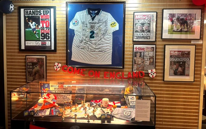 Football shirt won by Gary Neville during the England v Scotland match in Euro 96 at Barbican Music Library exhibition, ‘1996: A celebration of the wildest year of Britain’s wildest decade - 30 years on’. 