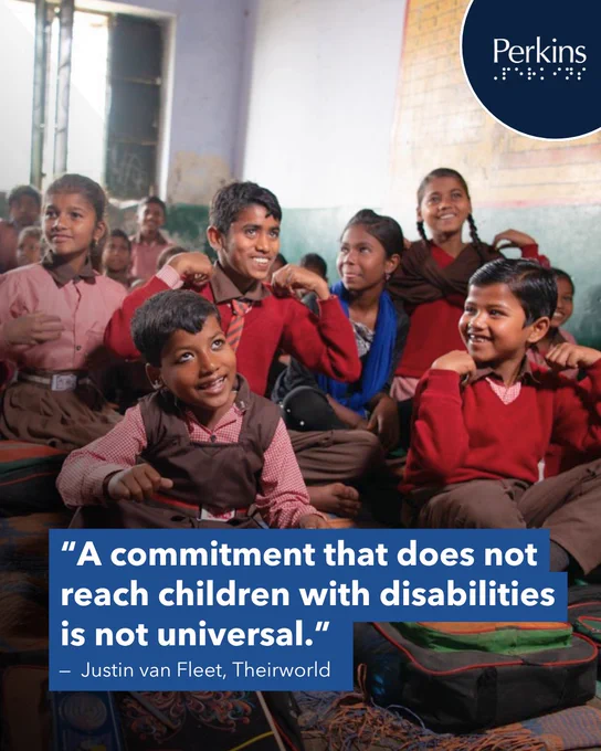 Children sit on the floor in their classroom and get ready for a lesson. Text: “A commitment that does not reach children with disabilities is not universal.” — Justin van Fleet, Theirworld
