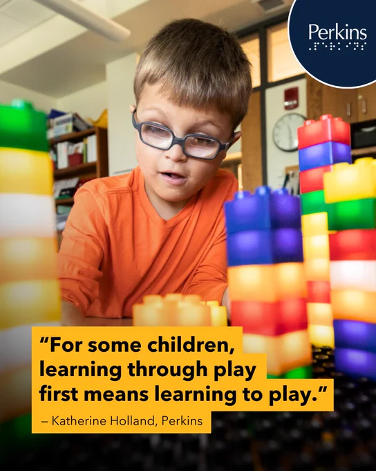 Zeke engages with blocks in the classroom. Text: “For some children, learning through play first means learning to play.” — Katherine Holland, Perkins