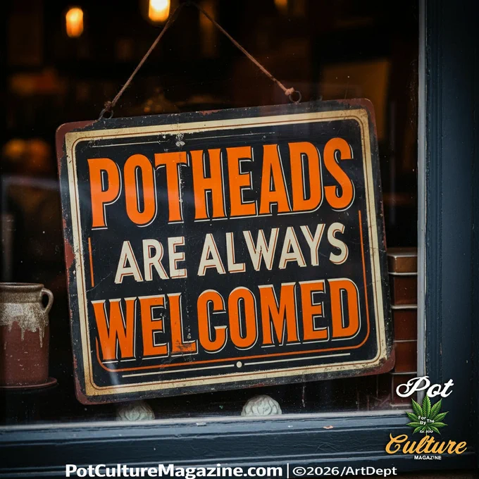 Vintage-style storefront sign reading “Potheads Are Always Welcomed” hanging in a shop window, with Pot Culture Magazine logo, PotCultureMagazine.com, and ©2026/ArtDept visible.
