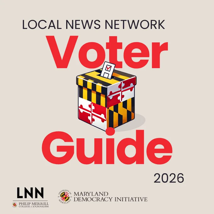Square promotional graphic for the Local News Network Voter Guide 2026. At the top, dark text reads “LOCAL NEWS NETWORK.” Centered below, the word “Voter” appears in very large red letters above a ballot box decorated with the Maryland state flag pattern; a ballot with a red checkmark is being inserted into the box. Beneath the box, the word “Guide” appears in very large red letters, with “2026” in dark text to the right. Along the bottom are the LNN logo, the Philip Merrill College of Journalism logo, and the Maryland Democracy Initiative logo. Background is light gray.