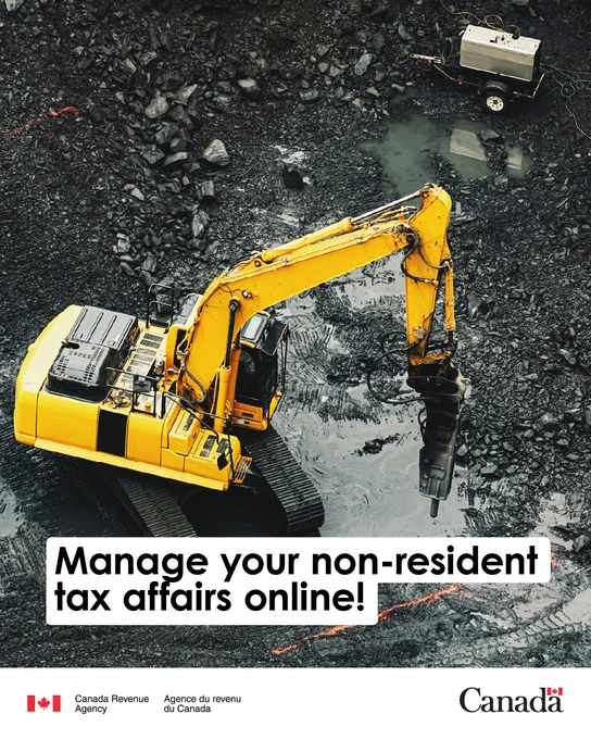 A yellow excavator working in a rocky area with puddles of water. The text: “Manage your non-resident tax affairs online!”