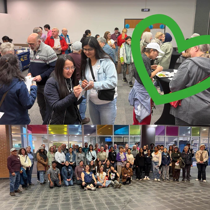 Collage of two photos from a volunteer appreciation event at a library. The top image shows a crowded room of people chatting and participating in activities, while the bottom image shows a large group photo of volunteers and staff gathered in front of colourful library windows.
