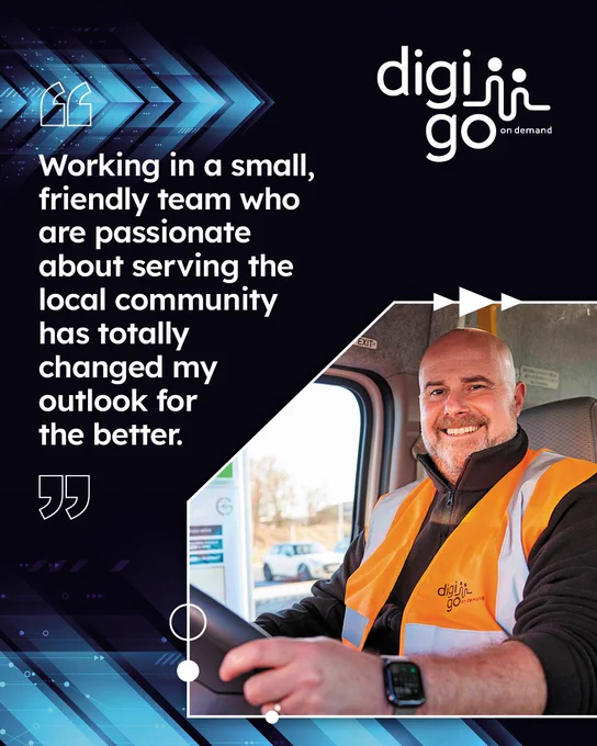 A smiling man in a high-visibility vest driving a vehicle, with a quote about his positive work experience.