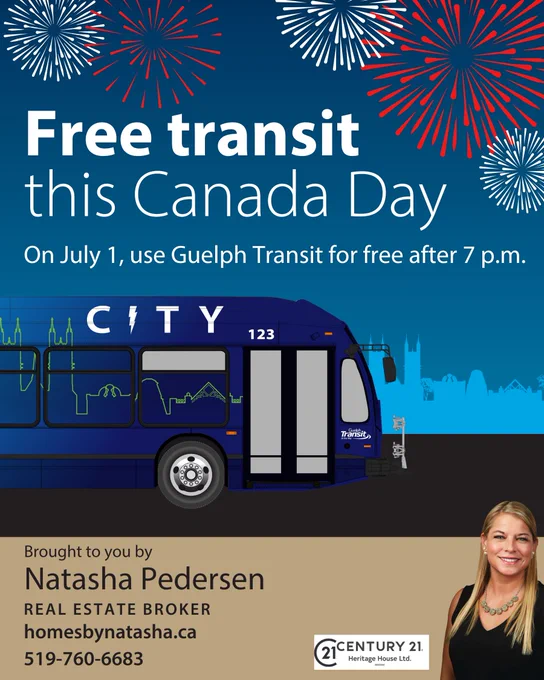 Blue city transit bus with fireworks overhead and text announcing free Guelph Transit after 7 p.m. on Canada Day, July 1.