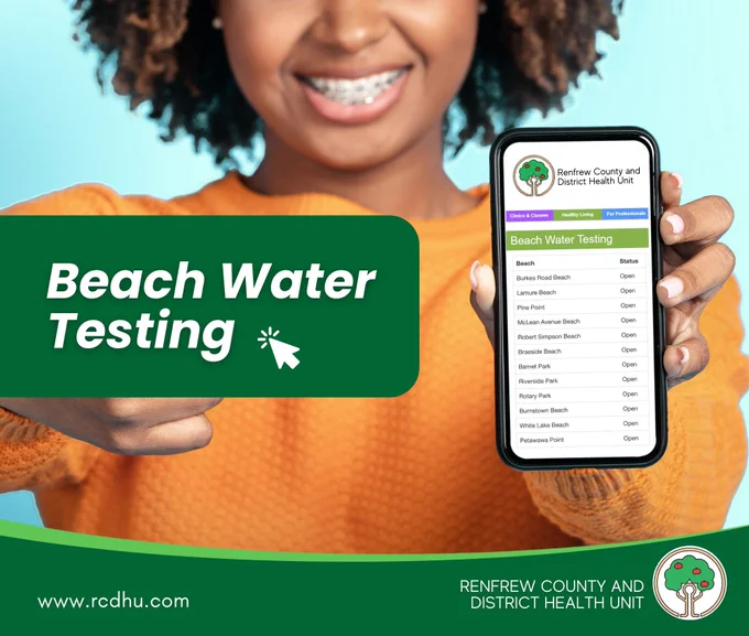 Image of a cell phone displaying RCDHU Beach Testing Results webpage. Text reads -  beach water testing.