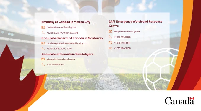 A soccer player entering the field. Caption: Contact information for the Canadian Embassy, the Canadian Consulate General in Monterrey, the Canadian Consulate in Guadalajara, and the Emergency Monitoring and Response Centre. Phone: Email: sos@international.gc.ca. 1-613-996-8885. WhatsApp: 1-613-909-8881. Text message: 1-613-686-3658
