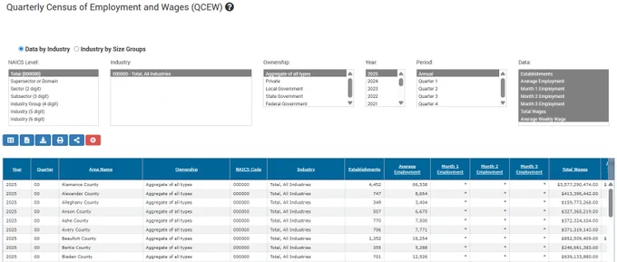 Table showing quarterly employment and wage data by industry and size groups for various counties in 2025.