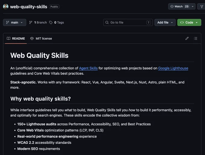 Captura de un repositorio de GitHub llamado “web-quality-skills”, con el README abierto. Se ve el título “Web Quality Skills” y una descripción de una colección no oficial de Agent Skills para optimizar proyectos web siguiendo Lighthouse, Core Web Vitals, accesibilidad WCAG 2.2, SEO y buenas prácticas. Básicamente, un repositorio para que tu web no vaya como una tostadora con WiFi.