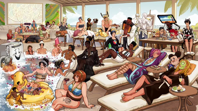 Original artwork from Date Everything! featuring key characters from the game at a spa indulging in self care and relaxation. 