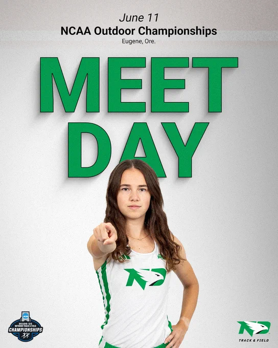 A person wearing a track and field uniform points forward. The text reads "June 11 NCAA Outdoor Championships, Eugene, Ore. MEET DAY." Logos for the NCAA Championships and a track and field team are visible.