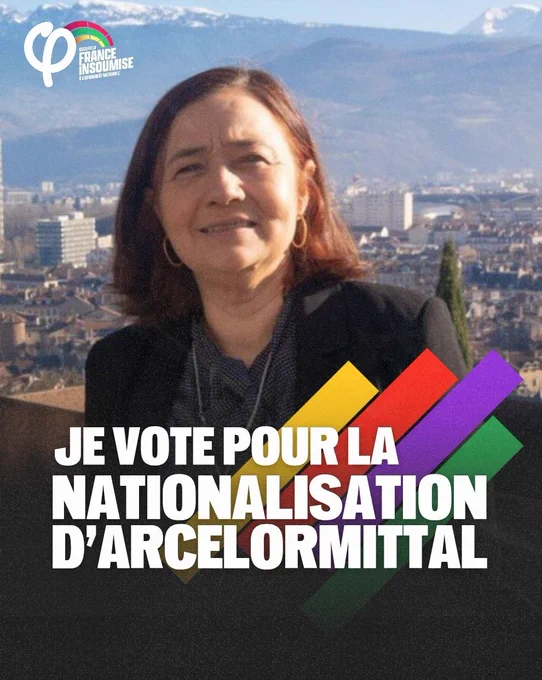 Visuel avec le portrait d'Élisa Martin sur lequel est écrit "Je vote pour la nationalisation d'ArcelorMittal"