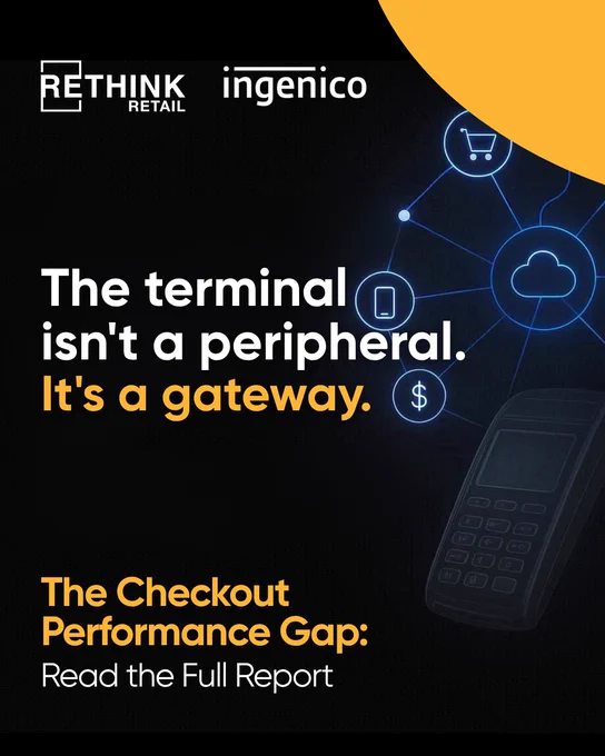 A promotional social media graphic co-branded by RETHINK Retail and Ingenico on a dark gray background with a yellow curved accent in the top right corner. The central text reads, "The terminal isn't a peripheral. It's a gateway." adjacent to glowing blue digital icons for a shopping cart, mobile phone, cloud, and dollar sign connected by network lines. The faint outline of a handheld payment terminal is visible in the lower right. The bottom text reads, "The Checkout Performance Gap: Read the Full Report" in bold yellow and white lettering.