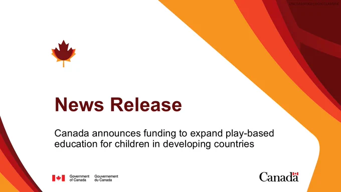 Graphic shows a small red maple leaf icon on the top left. Center-left text reads “News Release.” Below it, the headline states: “Canada announces funding to expand play-based education for children in developing countries.” The bottom of the image includes the Government of Canada bilingual wordmark and the Canada wordmark with a flag. The background is white with curved orange, red, and dark red wave shapes along the right side.