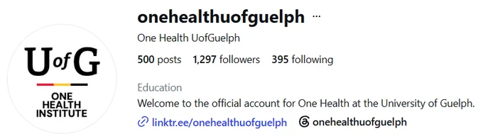 The One Health University of Guelph Instagram profile page showing 500 posts, 1,297 followers and 395 following. The handle is onehealthuofguelph.