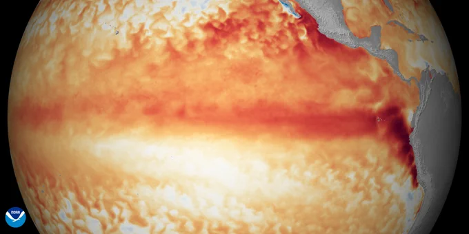 Satellite imagery showing the difference from average sea surface temperatures at the equator in the tropical Pacific Ocean (depicted using various shades of red and orange for warmth) during the first week of June 2026, as compared with the baseline used by NOAA’s Coral Reef Watch.  (Image credit: NOAA Satellites )