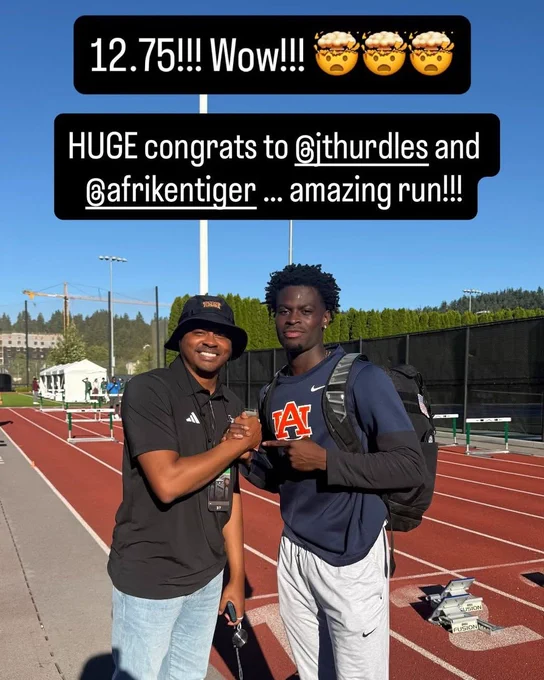 Former 110mH world record holder Aries Merritt congratulating Ja'Kobe Tharp. 🤝

📷: coachsanandreas/IG