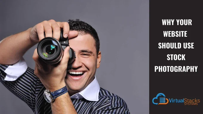Photo illustration of smiling male professional photographer taking a photo; Virtual Stacks Systems logo.