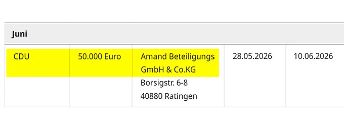 Screenshot der Großspende von bundestag.de als Quellenbeleg mit den Angaben aus obigem Post.