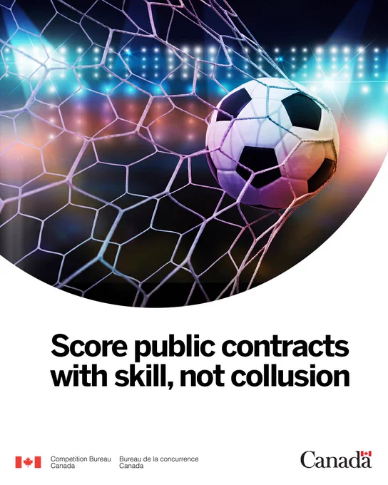 A soccer ball is caught in a net. Text in image: Score public contracts with skill, not collusion